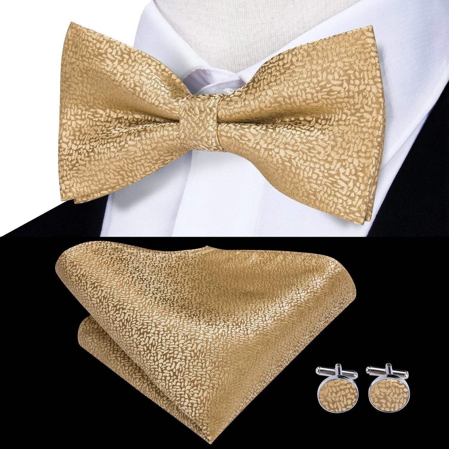 Ties2you Men's Gold Tuxedo Bowtie Solid Pre-tied Wedding Bow Tie Hanky Cufflinks Set sold by Ties2You