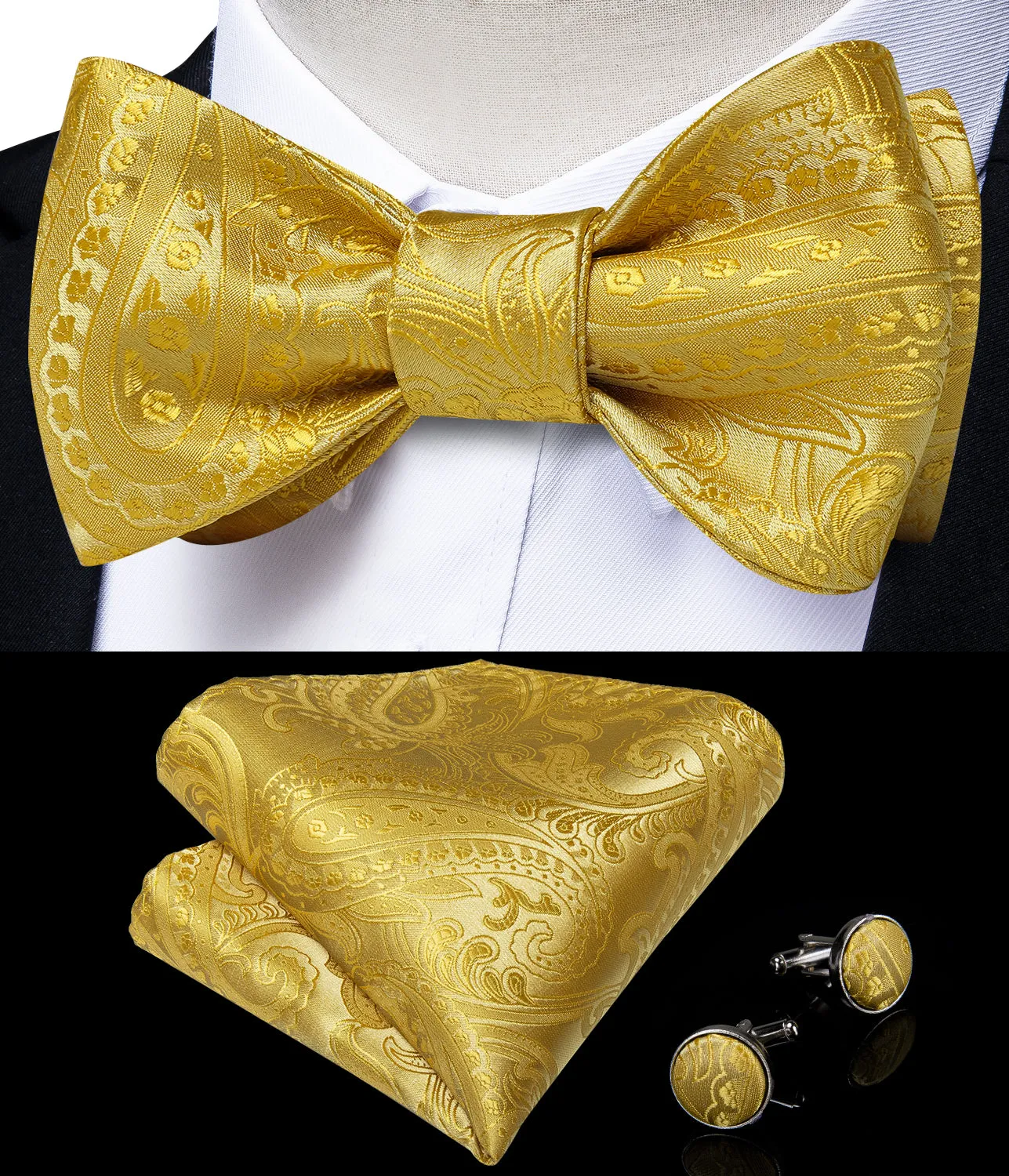 Ties2you Gold Paisley Self-tie Formal Bowtie Pocket Square Cufflinks Set with Lapel Pin sold by Ties2You product image thumbnail 2