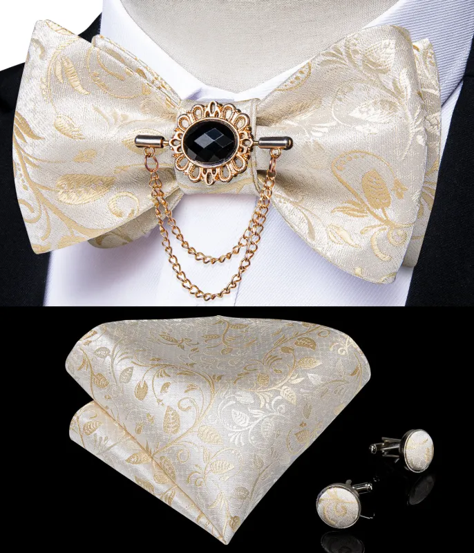Ties2you Ivory Floral Self-tie Wedding Bow Tie Pocket Square Cufflinks Set with Lapel Pin sold by Ties2You