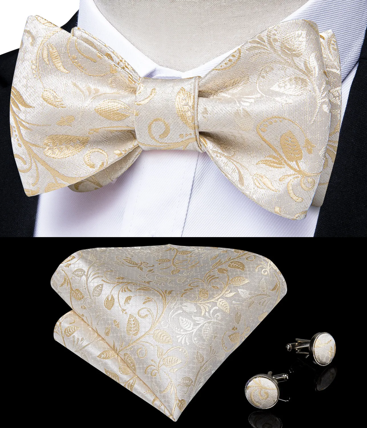 Ties2you Ivory Floral Self-tie Wedding Bow Tie Pocket Square Cufflinks Set with Lapel Pin sold by Ties2You product image thumbnail 2
