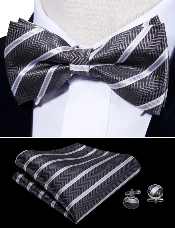 Ties2you Men's Striped Silver Bowtie Pre-tied Grey Bow Tie Pocket Square Cufflinks Set sold by Ties2You