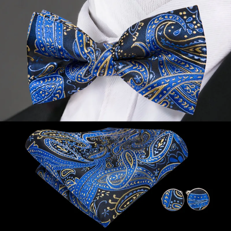Ties2you Men's Blue Paisley Tuxedo Bowtie Pre-tied Bow Tie Handkerchief Cufflinks Set sold by Ties2You