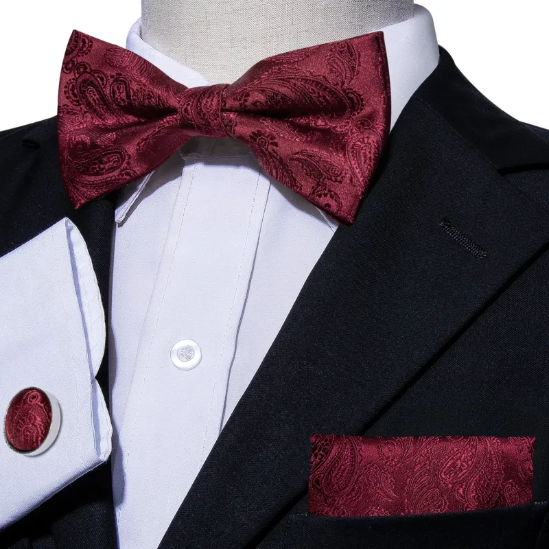 Ties2you Men's Burgundy Paisley Bowtie Pre-tied Wedding Bow Tie Handkerchief Cufflinks Set made by Ties2You