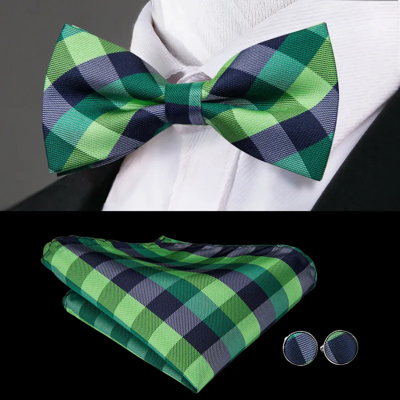 Ties2you Men's Plaid Green Bowtie Pre-tied Casual Bow Tie Handkerchief Cufflinks Set sold by Ties2You