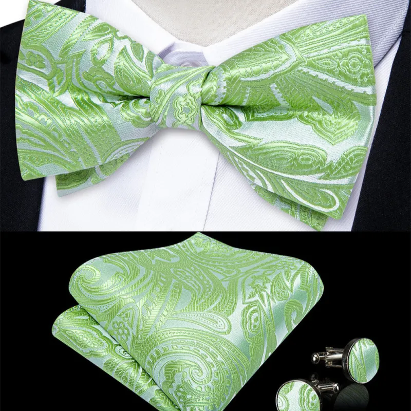 Ties2you Green Floral Bowtie Pre-tied Party Tuxedo Bow Tie Pocket Square Cufflinks Set sold by Ties2You