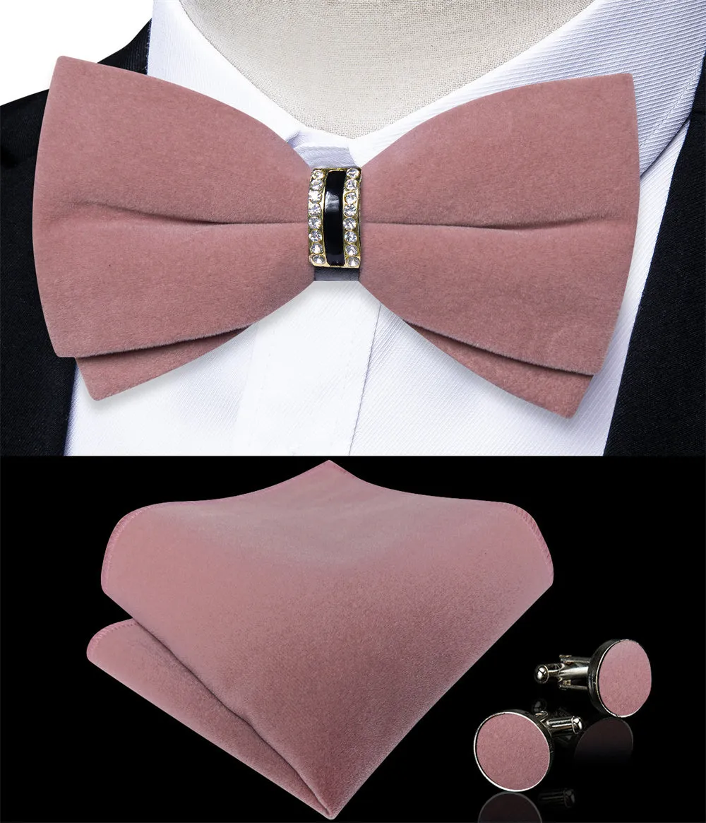 Ties2you Dusty Rose Velvet Bowtie Pre-tied Formal Solid Bow Tie Handkerchief Cufflinks Set sold by Ties2You product image thumbnail 2