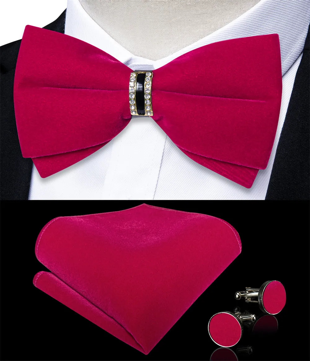 Ties2you Red Velvet Bowtie Pre-tied Formal Solid Bow Tie Handkerchief Cufflinks Set sold by Ties2You product image thumbnail 2