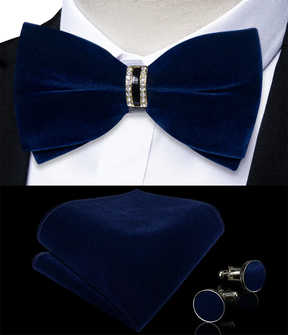 Ties2you Navy Blue Velvet Bowtie Pre-tied Formal Solid Bow Tie Handkerchief Cufflinks Set sold by Ties2You product image thumbnail 2
