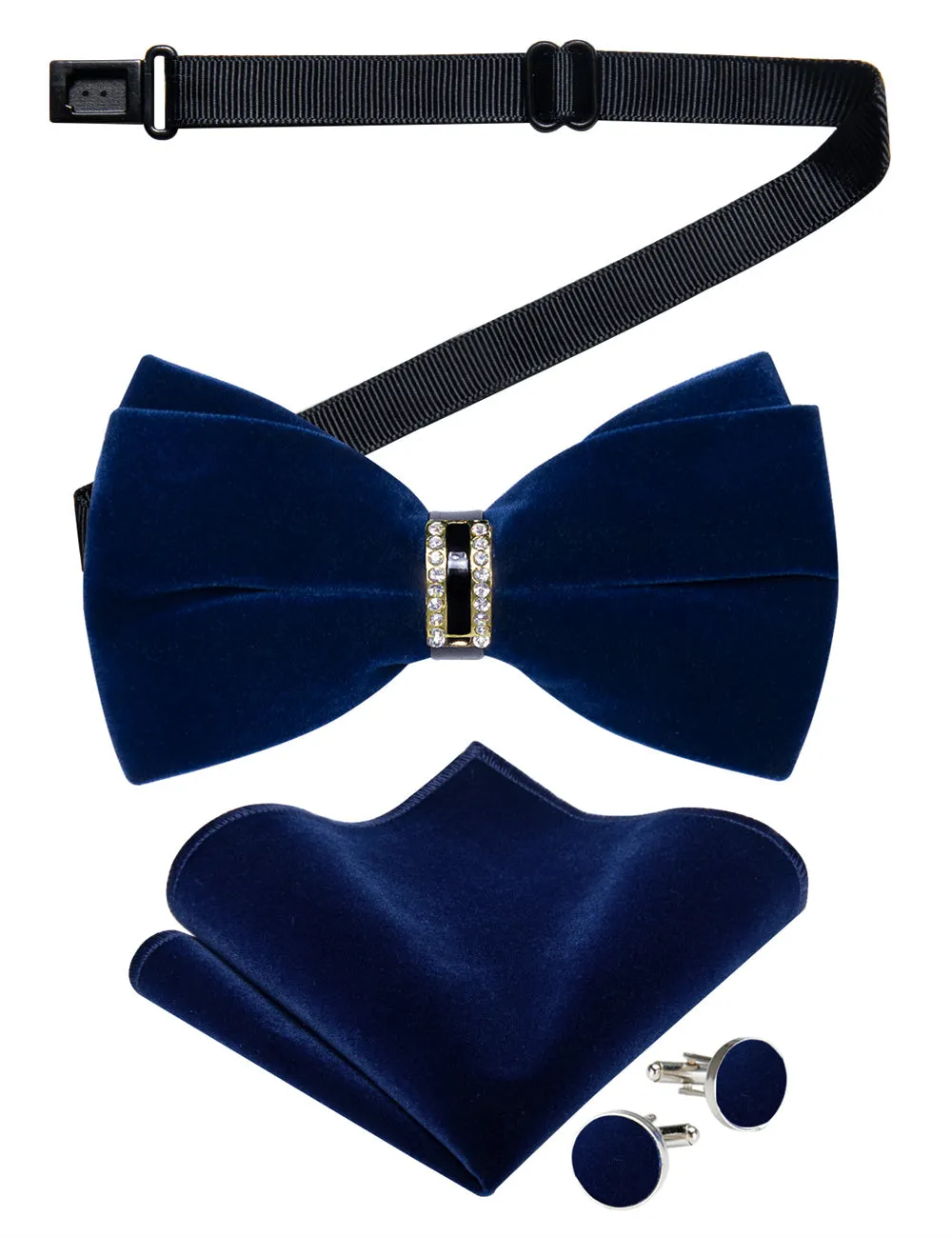 Ties2you Navy Blue Velvet Bowtie Pre-tied Formal Solid Bow Tie Handkerchief Cufflinks Set sold by Ties2You product image thumbnail 3
