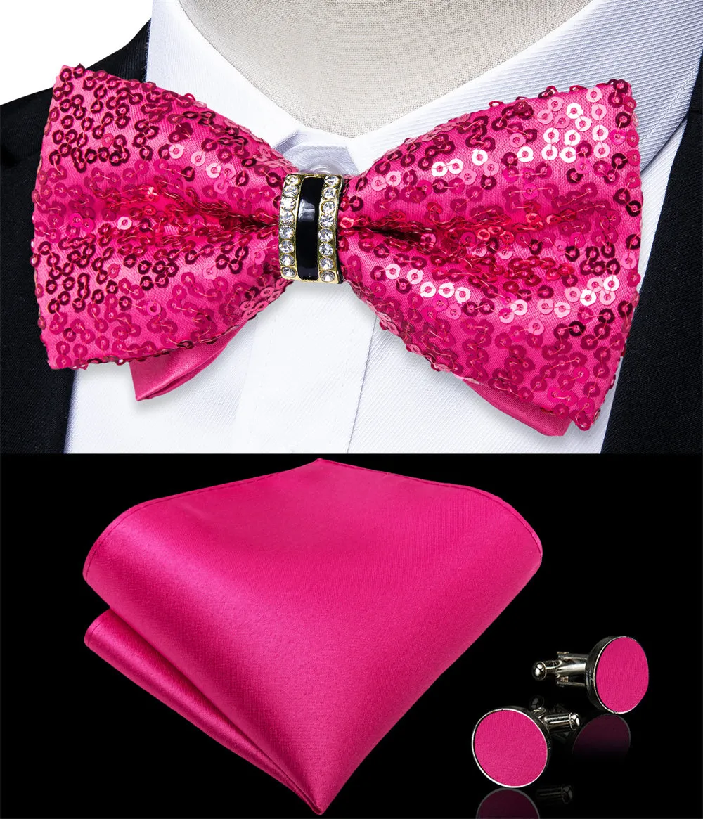Ties2you Sequins Hot Pink Bowtie Pre-tied Party Bow Tie Handkerchief Cufflinks Set sold by Ties2You product image thumbnail 3