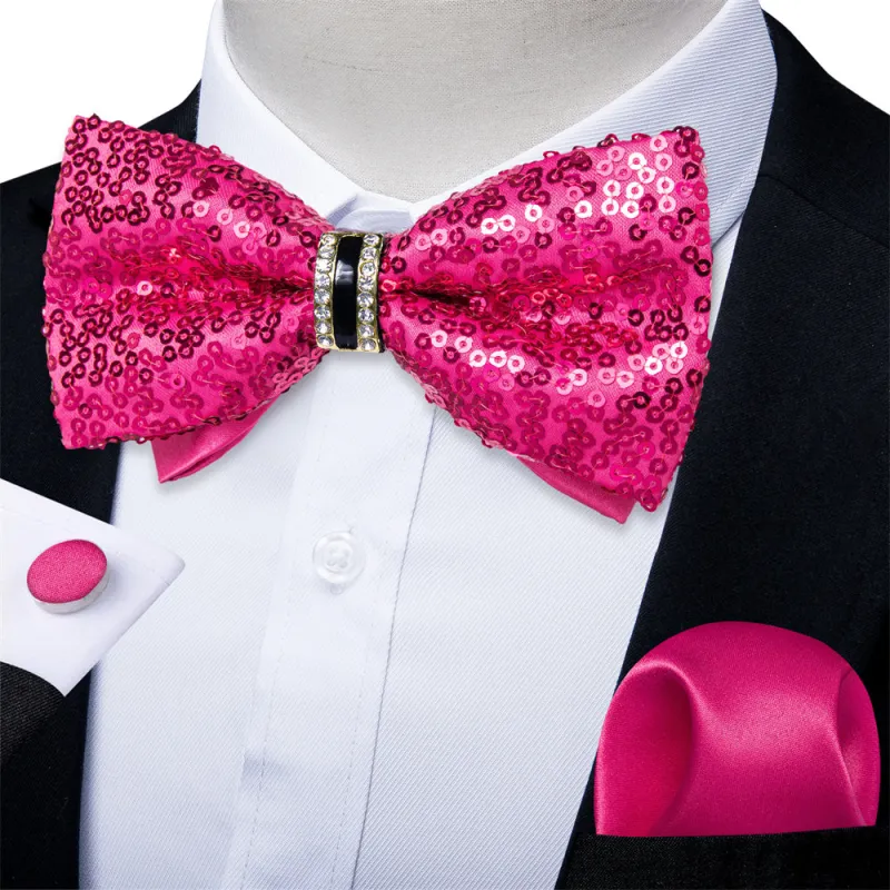 Ties2you Sequins Hot Pink Bowtie Pre-tied Party Bow Tie Handkerchief Cufflinks Set sold by Ties2You