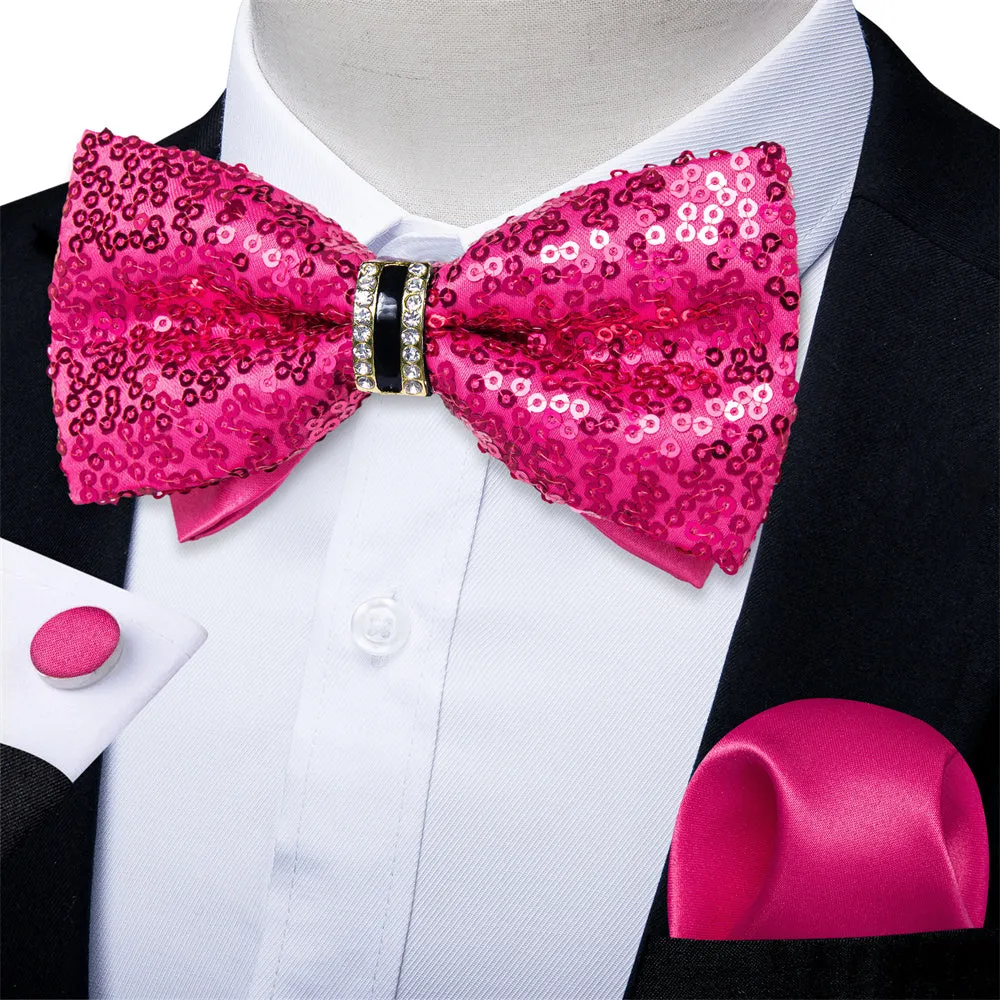 Ties2you Sequins Hot Pink Bowtie Pre-tied Party Bow Tie Handkerchief Cufflinks Set sold by Ties2You