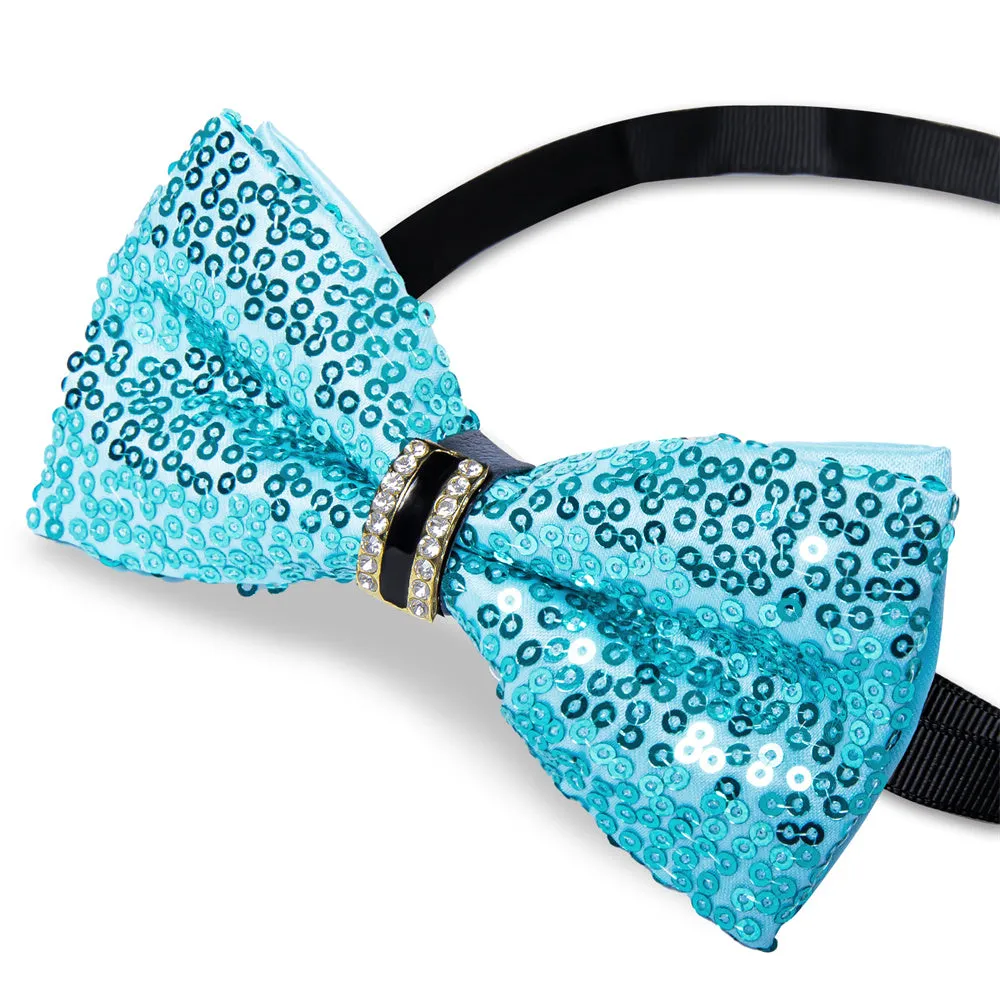 Ties2you Sequins Turquoise Blue Bowtie Pre-tied Party Bow Tie Handkerchief Cufflinks Set sold by Ties2You product image thumbnail 5