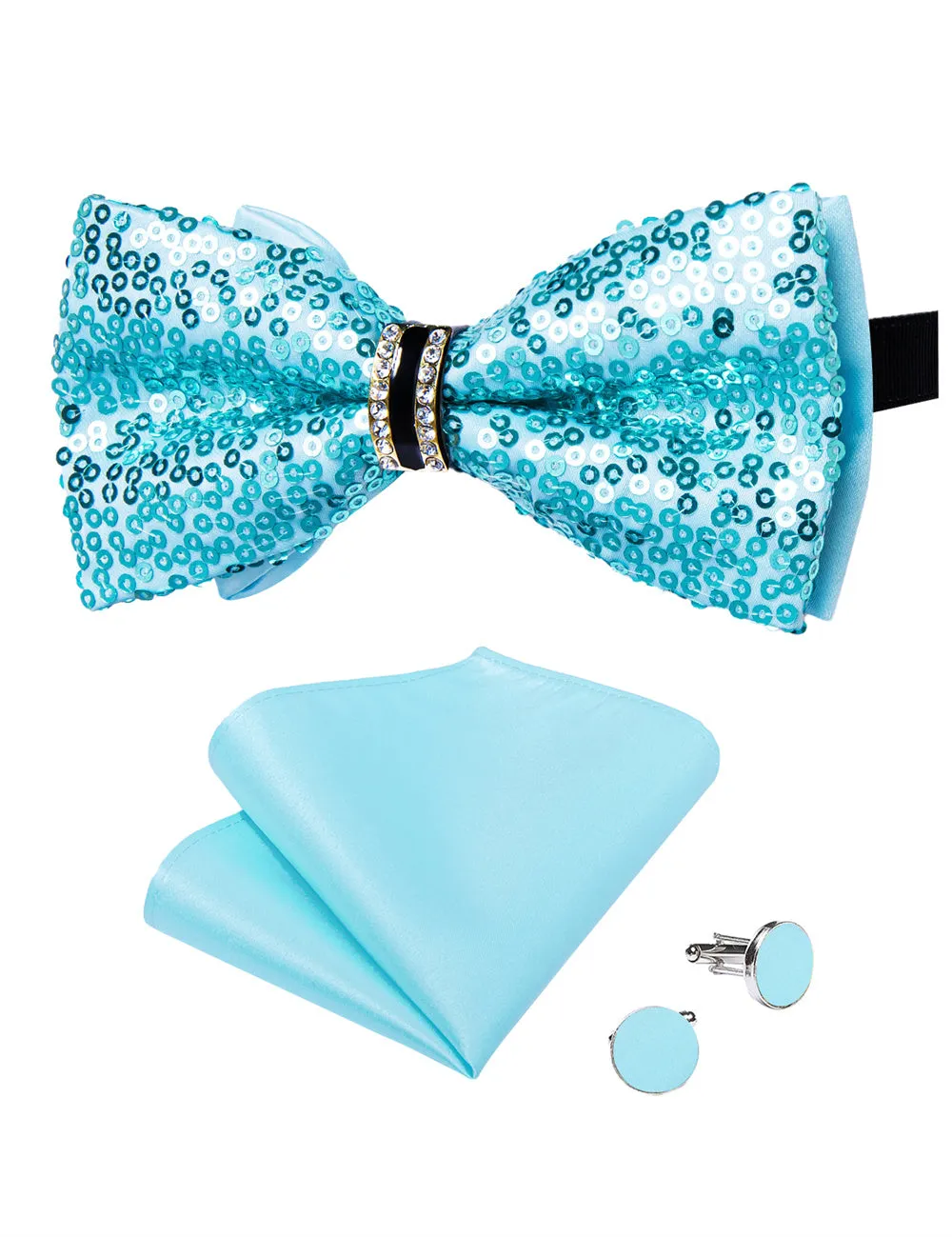 Ties2you Sequins Turquoise Blue Bowtie Pre-tied Party Bow Tie Handkerchief Cufflinks Set sold by Ties2You product image thumbnail 3