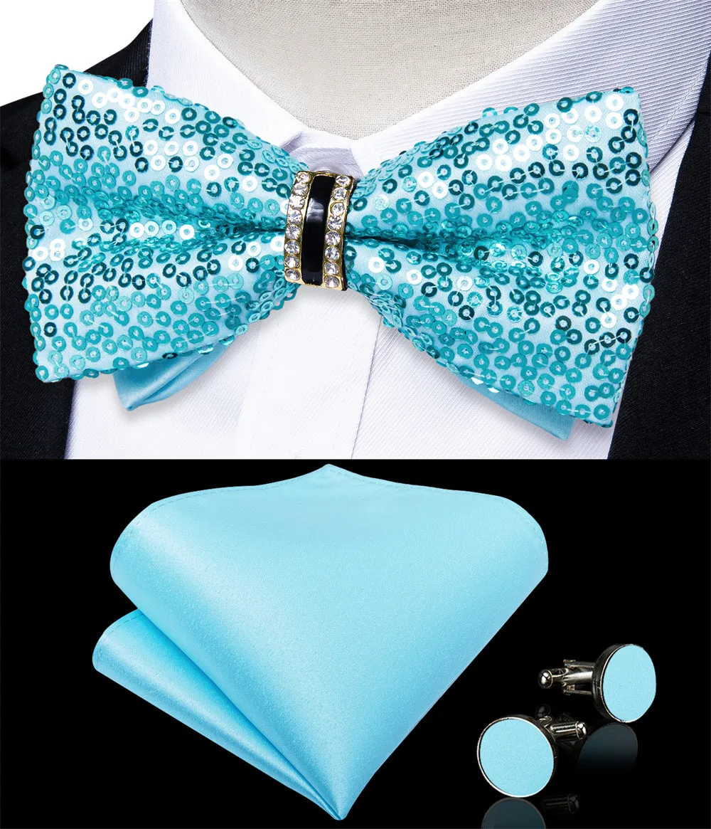 Ties2you Sequins Turquoise Blue Bowtie Pre-tied Party Bow Tie Handkerchief Cufflinks Set sold by Ties2You product image thumbnail 2