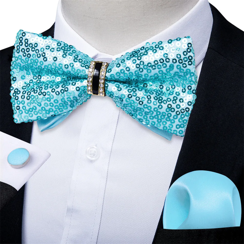 Ties2you Sequins Turquoise Blue Bowtie Pre-tied Party Bow Tie Handkerchief Cufflinks Set sold by Ties2You