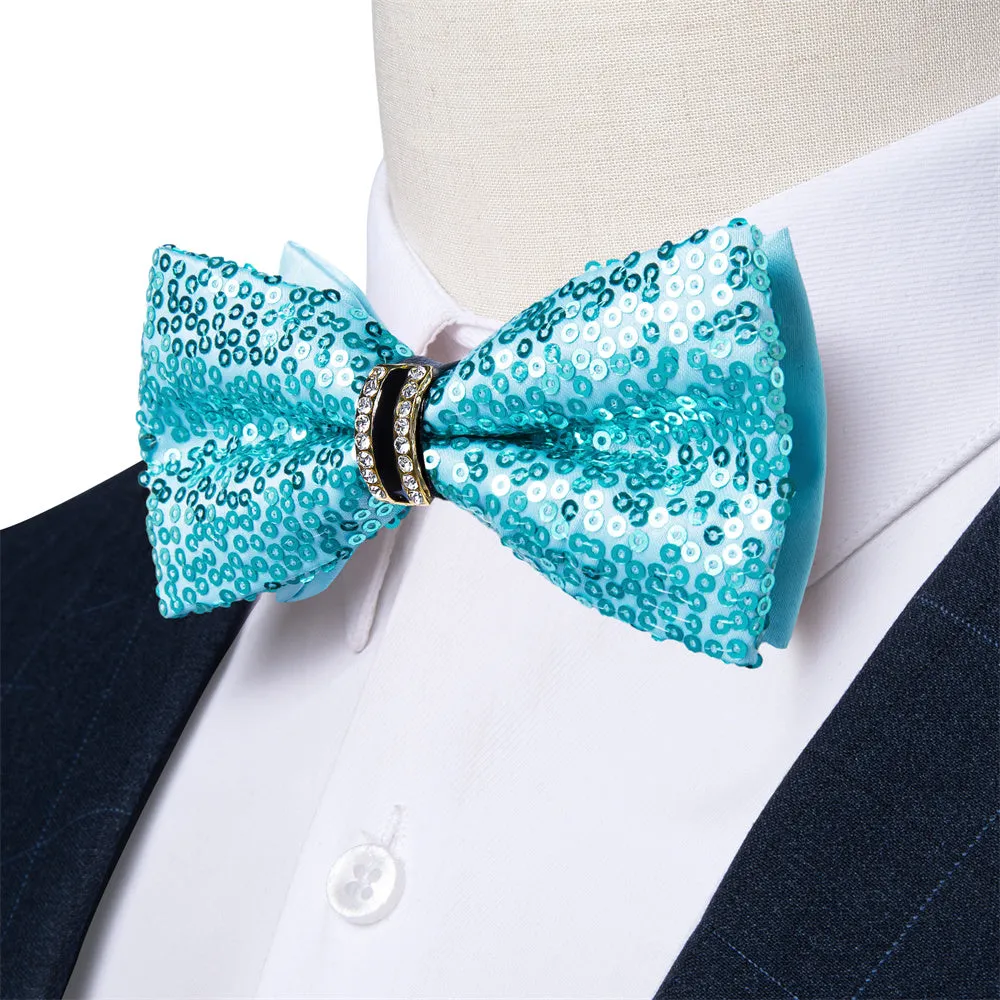 Ties2you Sequins Turquoise Blue Bowtie Pre-tied Party Bow Tie Handkerchief Cufflinks Set sold by Ties2You product image thumbnail 4