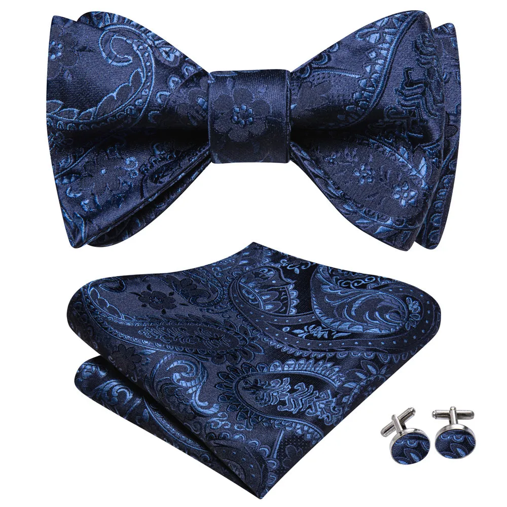 Ties2you Navy Blue Paisley Bow Ties Self-tie Tuxedo Bowtie Pocket Square Cufflinks Set sold by Ties2You product image thumbnail 2