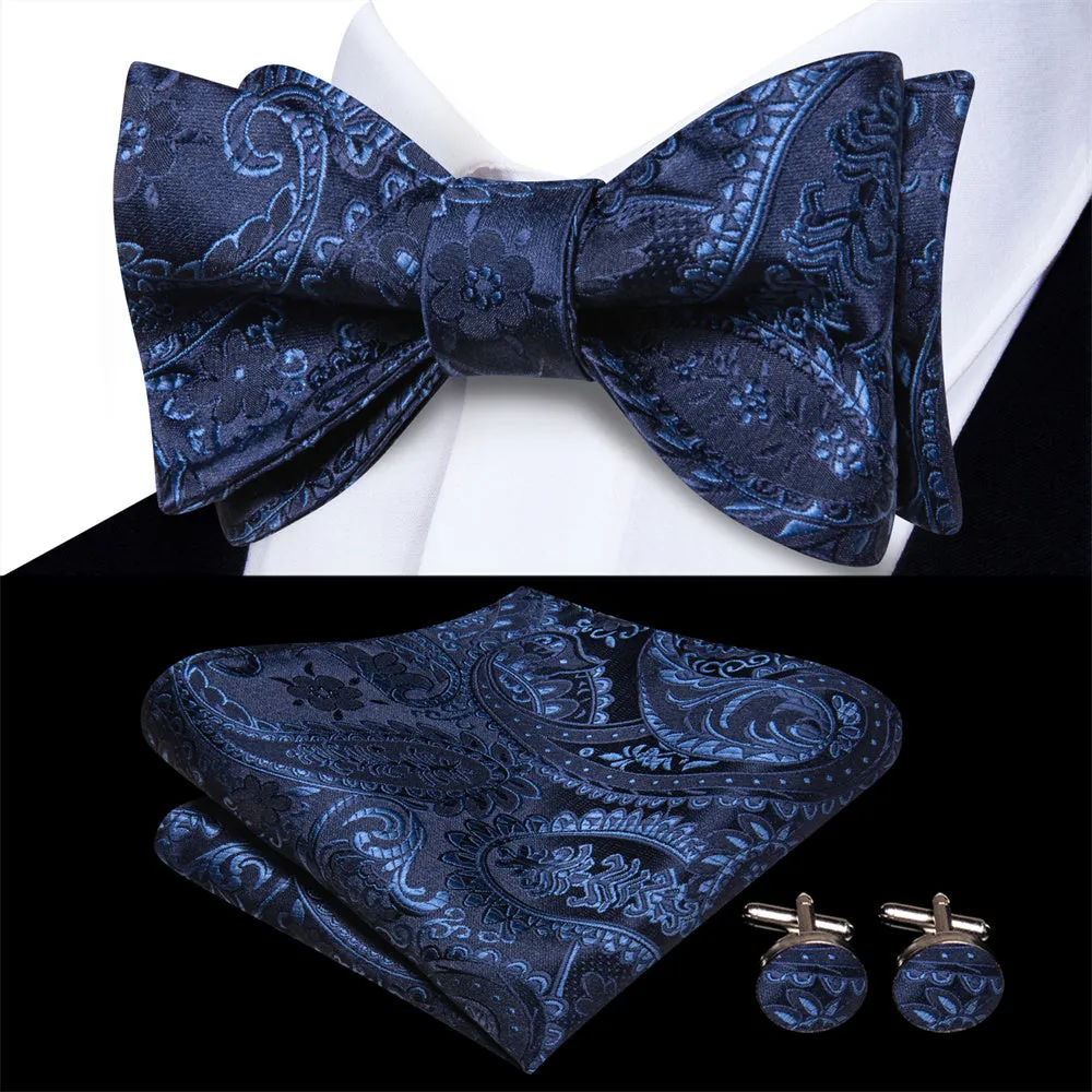 Ties2you Navy Blue Paisley Bow Ties Self-tie Tuxedo Bowtie Pocket Square Cufflinks Set sold by Ties2You