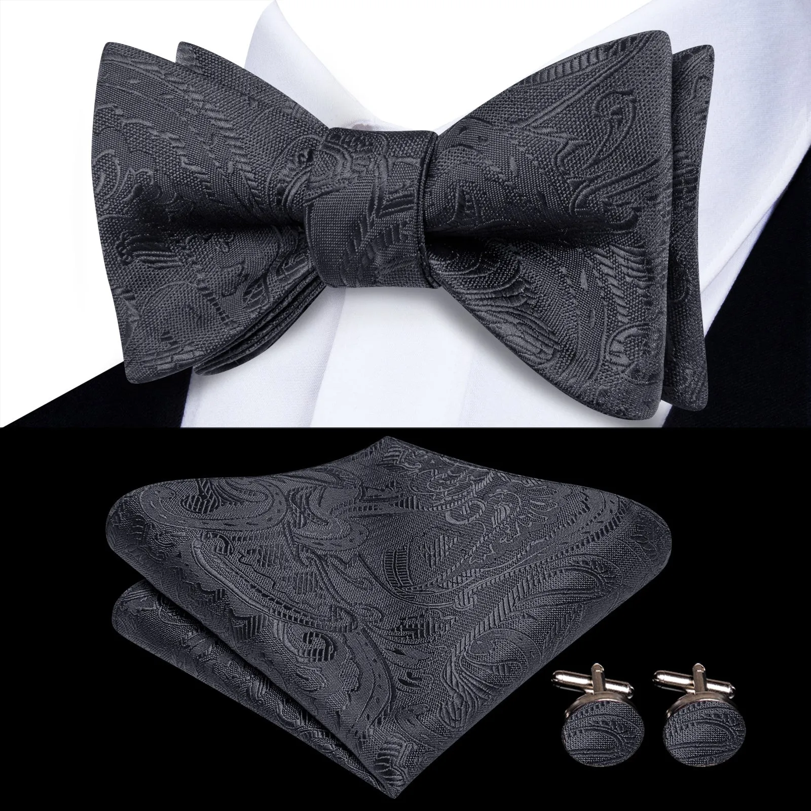 Ties2you Floral Purple Bowtie Self-Tie Formal Tuxedo Bow Tie Pocket Square Cufflinks Set sold by Ties2You product image thumbnail 2