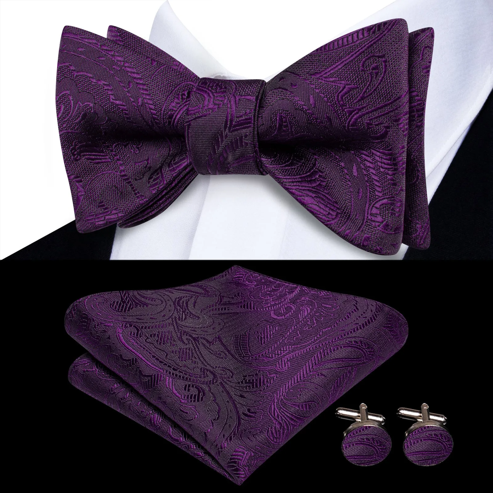 Ties2you Floral Purple Bowtie Self-Tie Formal Tuxedo Bow Tie Pocket Square Cufflinks Set sold by Ties2You