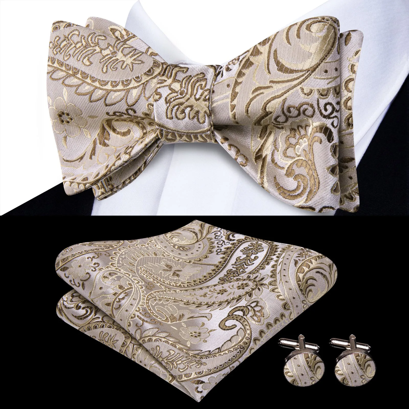 Ties2you Paisley Champagne Bowtie Self-tie Wedding Bow Tie Pocket Square Cufflinks Set sold by Ties2You