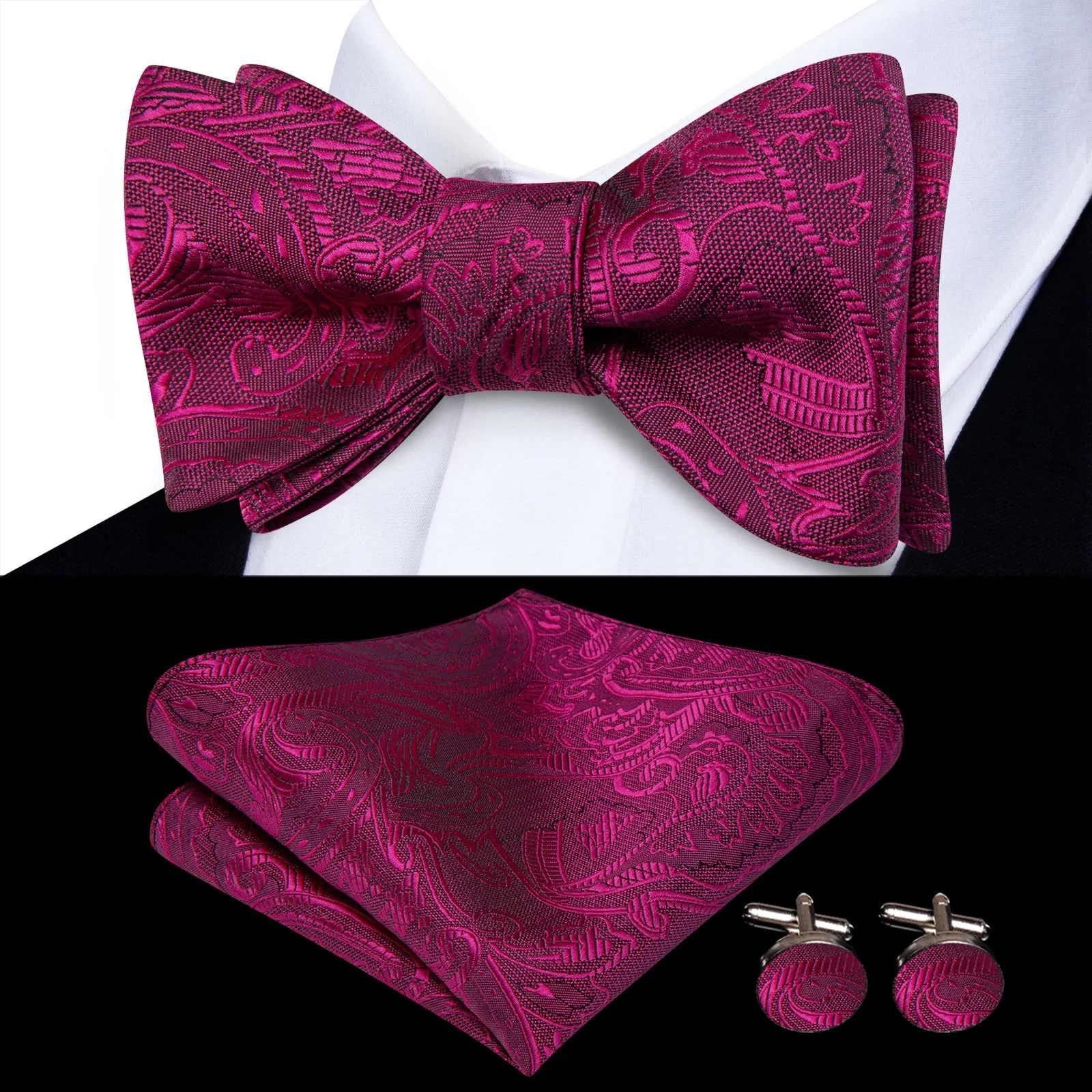 Ties2you Plum Floral Bow Ties Self-tie Tuxedo Bowtie Pocket Square Cufflinks Set sold by Ties2You
