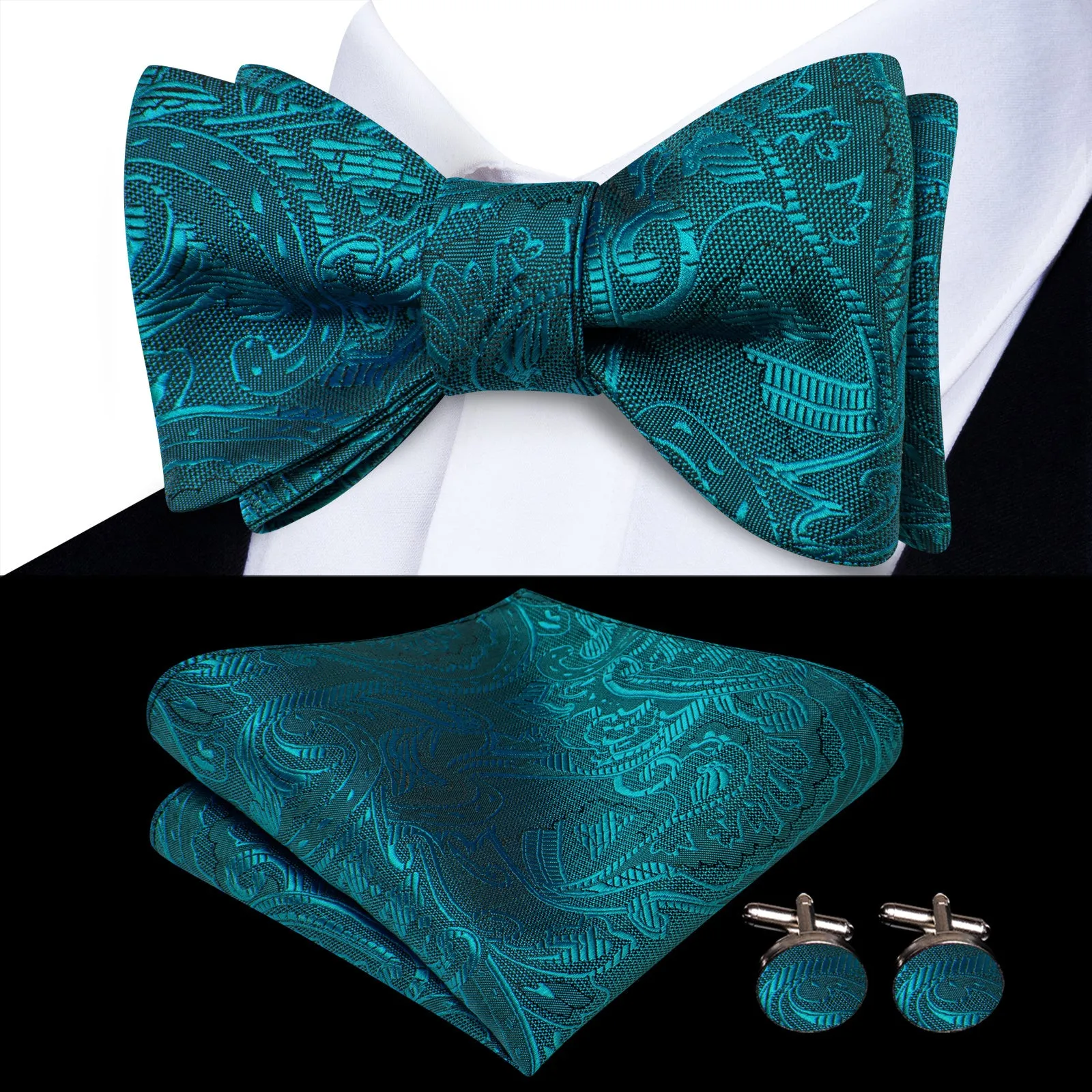 Ties2you Teal Blue Floral Bowtie Pre-tied Party Bow Tie Handkerchief Cufflinks Set sold by Ties2You