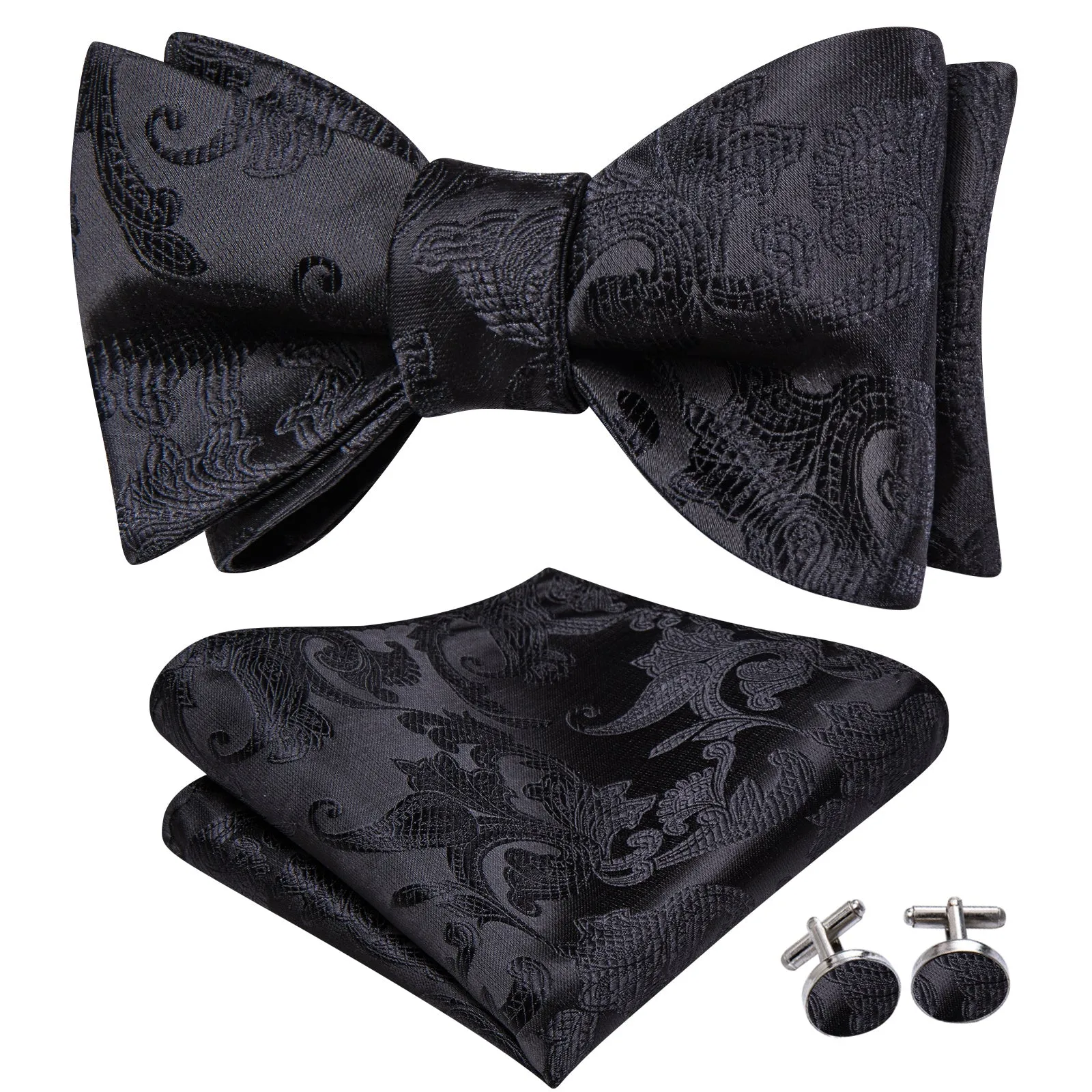 Ties2you Black Floral Tuxedo Bowtie Self-tie Wedding Bow Tie Handkerchief Cufflinks Set sold by Ties2You product image thumbnail 2
