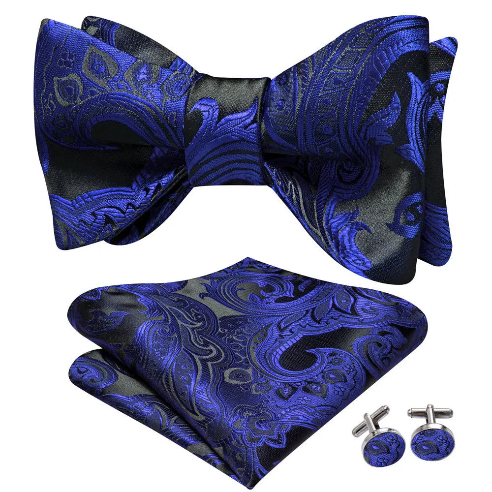 Ties2you Blue Paisley Bow Tie Self-tie Black Tuxedo Bowtie Pocket Square Cufflinks Set sold by Ties2You product image thumbnail 2