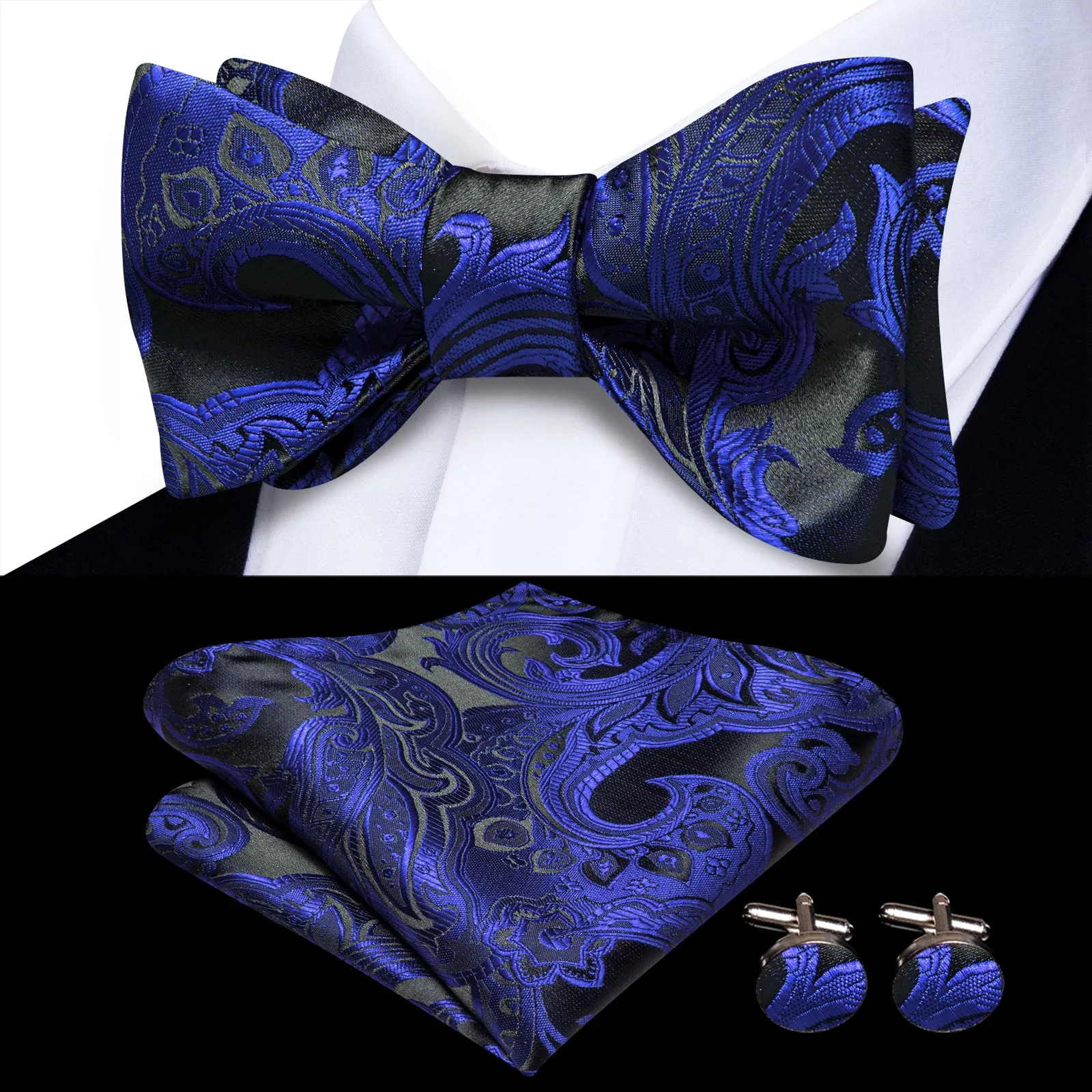 Ties2you Blue Paisley Bow Tie Self-tie Black Tuxedo Bowtie Pocket Square Cufflinks Set sold by Ties2You