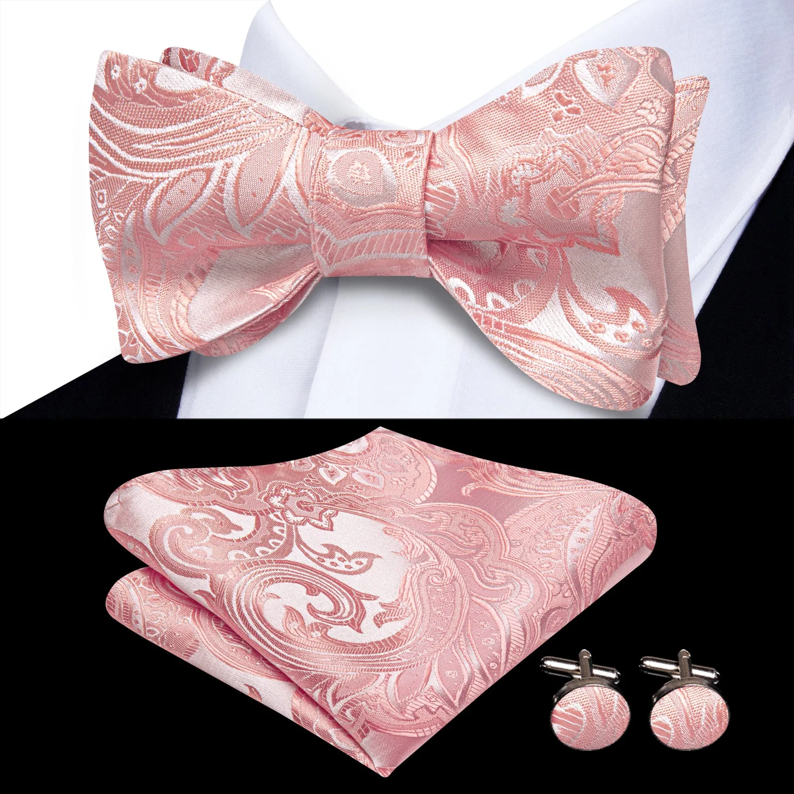 Ties2you Blush Floral Tuxedo Bowtie Self-tie Bow Tie Handkerchief Cufflinks Set sold by Ties2You