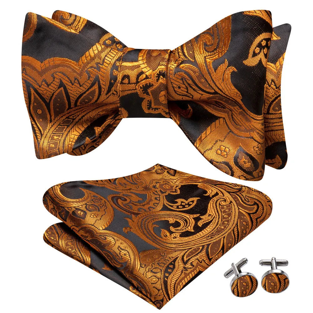 Ties2you Gold Paisley Bow Tie Self-tie Black Tuxedo Bowtie Pocket Square Cufflinks Set sold by Ties2You product image thumbnail 2
