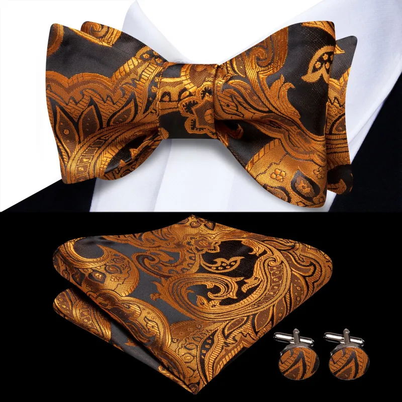 Ties2you Gold Paisley Bow Tie Self-tie Black Tuxedo Bowtie Pocket Square Cufflinks Set sold by Ties2You