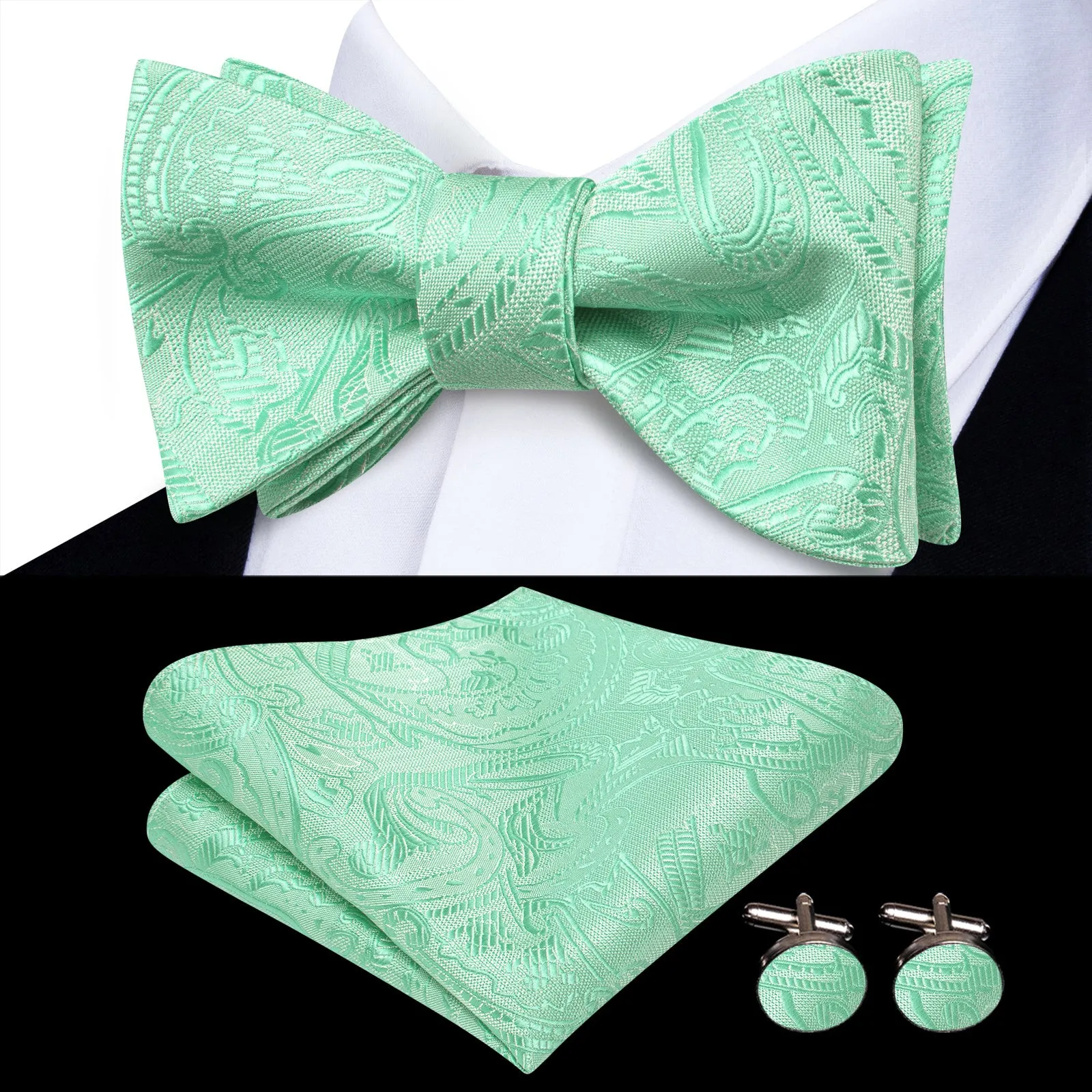 Ties2you Floral Mint Bowtie Self-tie Party Tuxedo Bow Tie Pocket Square Cufflinks Set sold by Ties2You