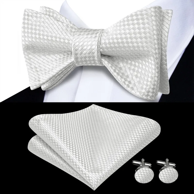 Ties2you White Geometric Bow Ties Self-tie Tuxedo Bowtie Pocket Square Cufflinks Set sold by Ties2You