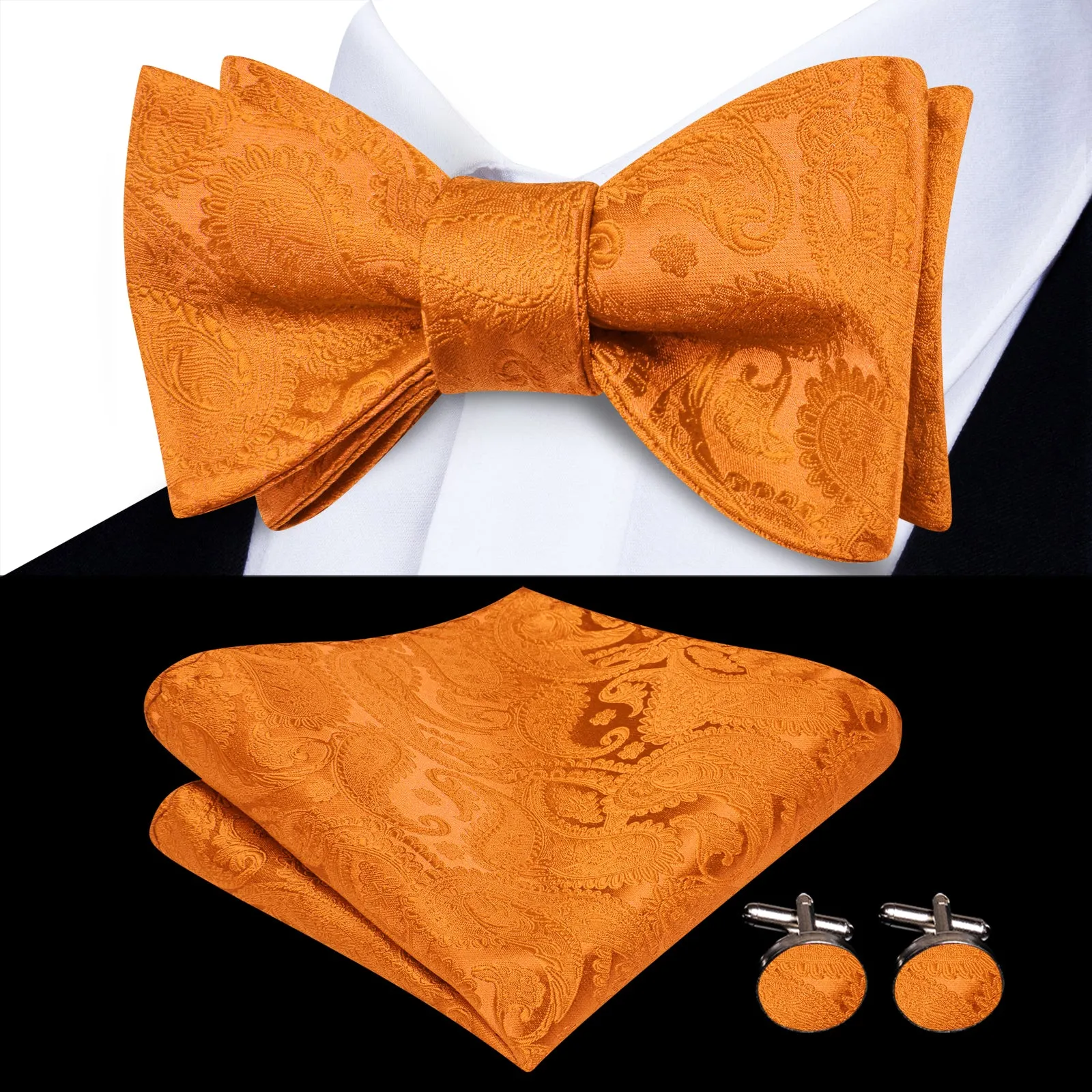Ties2you Orange Paisley Tuxedo Bowtie Self-tie Bow Tie Pocket Square Cufflinks Set sold by Ties2You