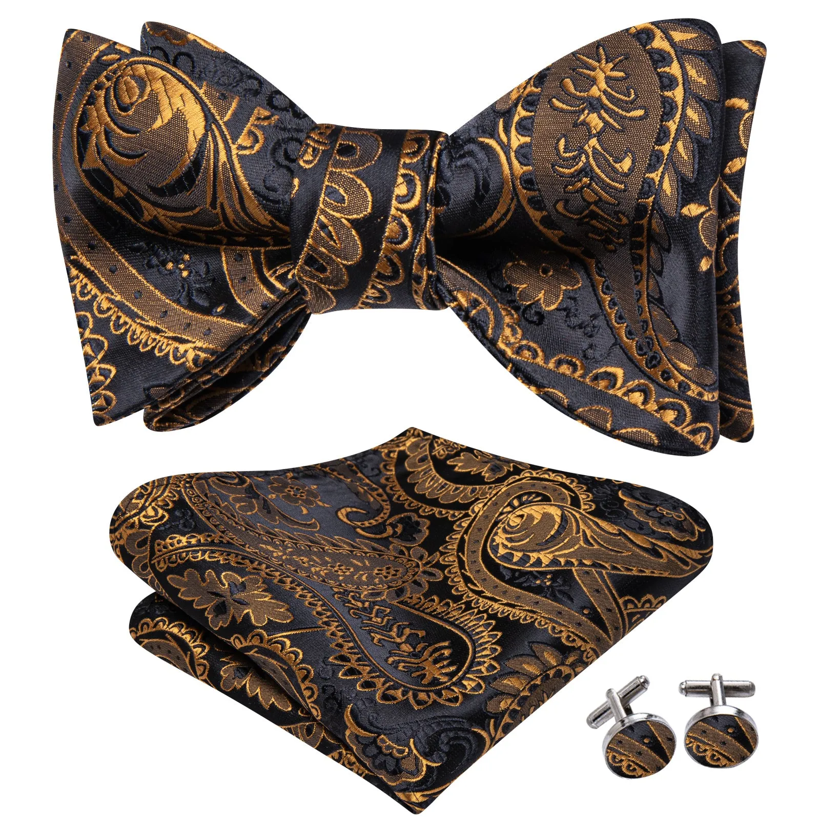 Ties2you Gold Paisley Bow Ties Self-tie Black Tuxedo Bowtie Pocket Square Cufflinks Set sold by Ties2You product image thumbnail 2