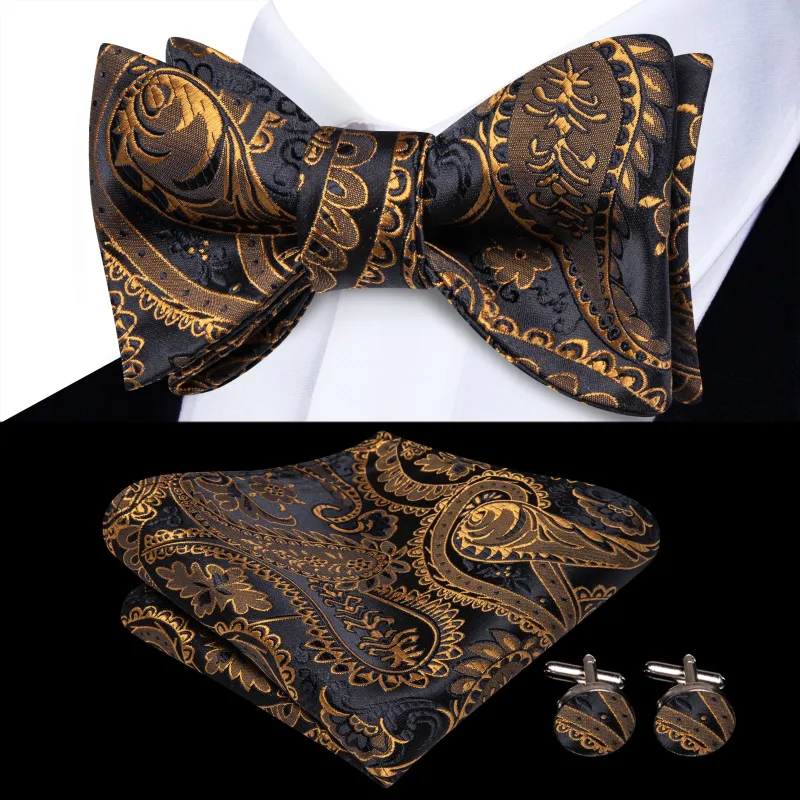 Ties2you Gold Paisley Bow Ties Self-tie Black Tuxedo Bowtie Pocket Square Cufflinks Set sold by Ties2You