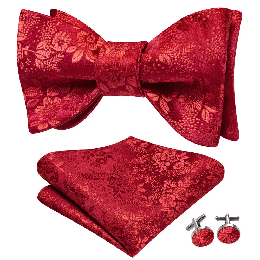 Ties2you Red Floral Bow Ties Self-tie Tuxedo Bowtie Pocket Square Cufflinks Set sold by Ties2You product image thumbnail 2