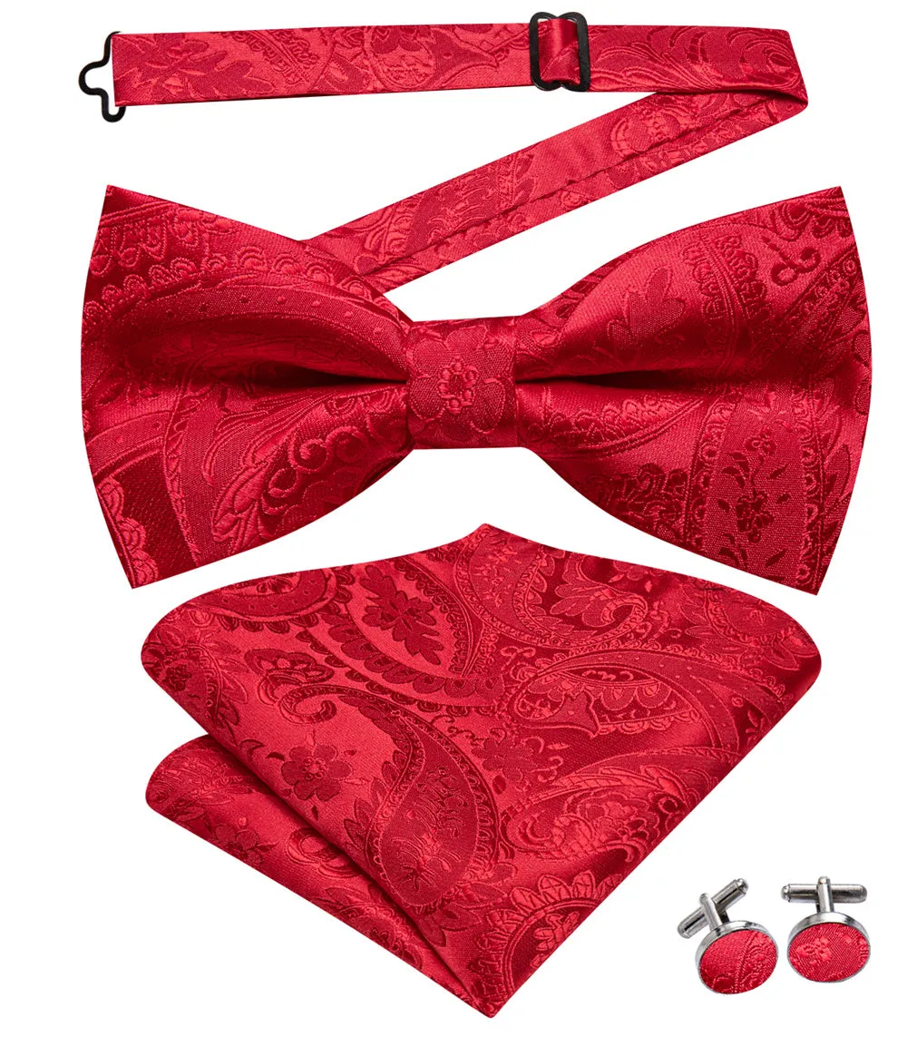 Ties2you Red Paisley Bowtie Pre-tied Wedding Bow Tie Pocket Square Cufflinks Set sold by Ties2You product image thumbnail 3