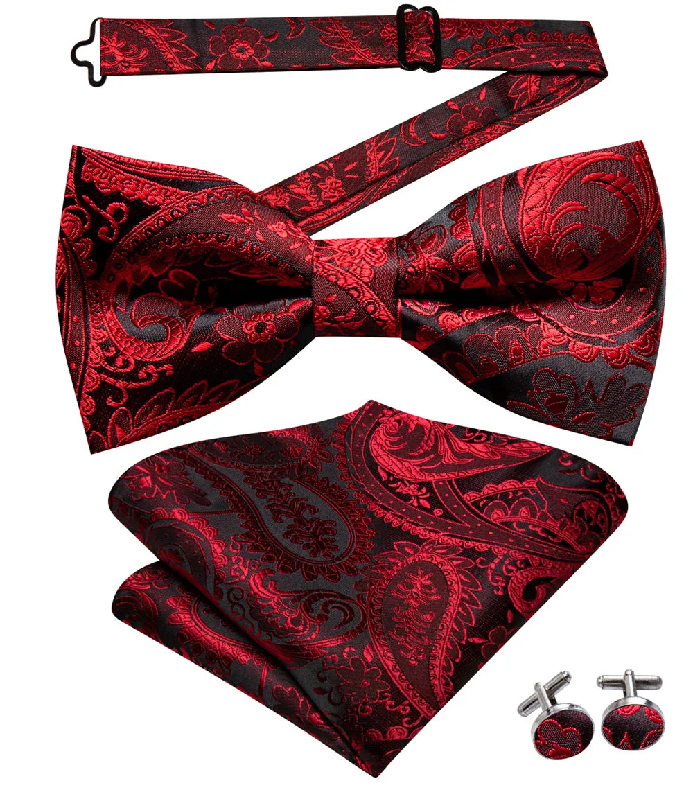 Ties2you Paisley Red Bowtie Pre-tied Black Formal Bow Tie Pocket Square Cufflinks Set sold by Ties2You product image thumbnail 4