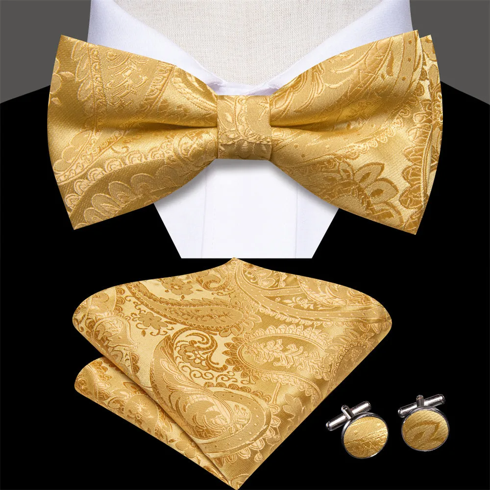 Ties2you Gold Floral Tuxedo Bowtie Pre-Tied Wedding Bow Tie Handkerchief Cufflinks Set sold by Ties2You