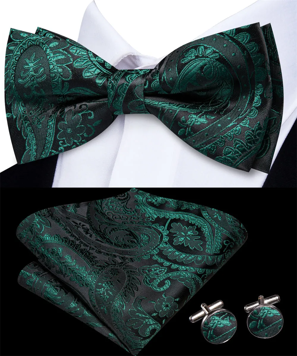 Ties2you Green Floral Bowtie Pre-tied Wedding Bow Tie Pocket Square Cufflinks Set sold by Ties2You product image thumbnail 2