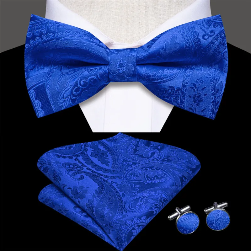 Ties2you Blue Paisley Bowtie Pre-tied Wedding Bow Tie Pocket Square Cufflinks Set sold by Ties2You