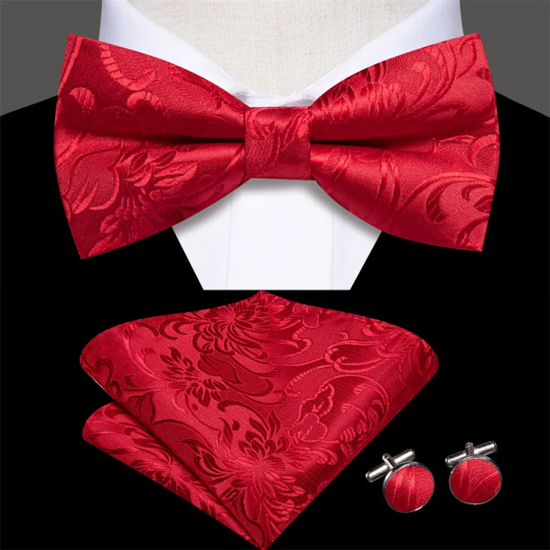 Ties2you Red Floral Tuxedo Bowtie Pre-tied Formal Bow Tie Pocket Square Cufflinks Set sold by Ties2You