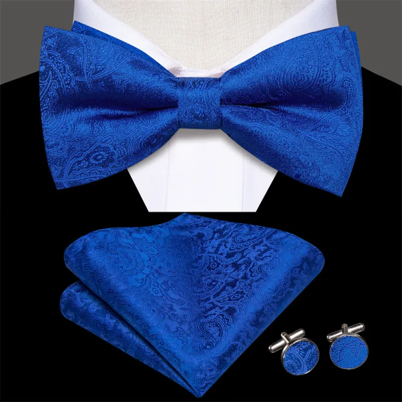 Ties2you Royal Blue Floral Tuxedo Bowtie Pre-tied Bow Tie Handkerchief Cufflinks Set sold by Ties2You