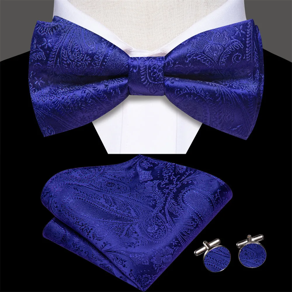 Ties2you Royal Blue Paisley Bowtie Pre-tied Business Bow Tie Handkerchief Cufflinks Set sold by Ties2You