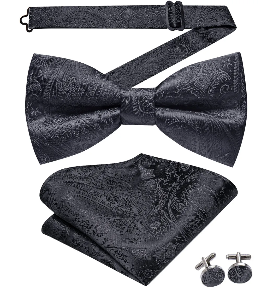 Ties2you Charcoal Grey Paisley Bowtie Pre-tied Bow Tie Handkerchief Cufflinks Set sold by Ties2You product image thumbnail 4