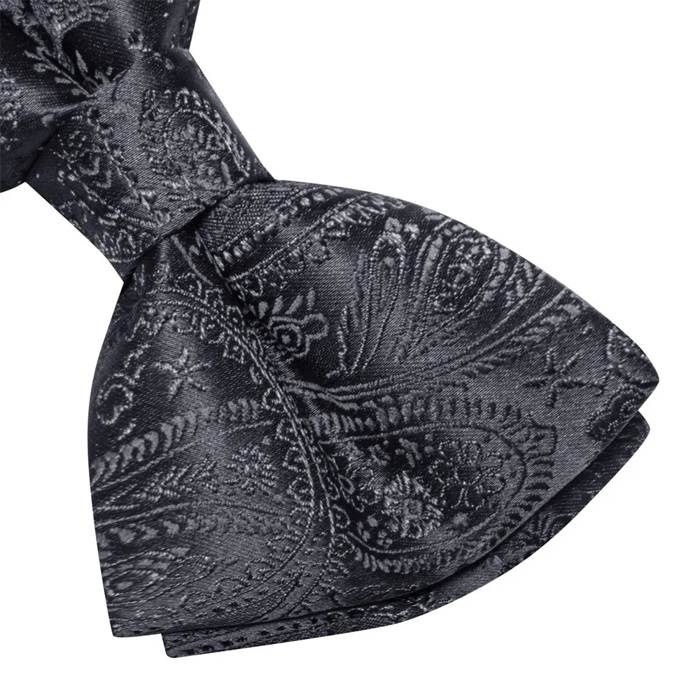 Ties2you Charcoal Grey Paisley Bowtie Pre-tied Bow Tie Handkerchief Cufflinks Set sold by Ties2You product image thumbnail 5